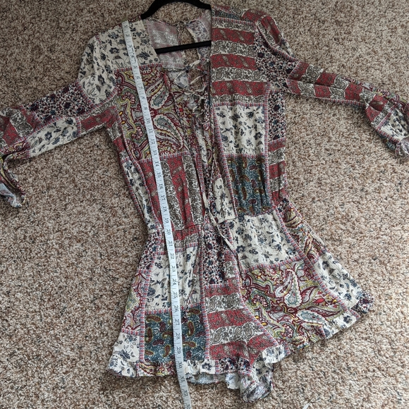 (AEO) Red White Boho Lace-up Romper Small - Picture 2 of 14